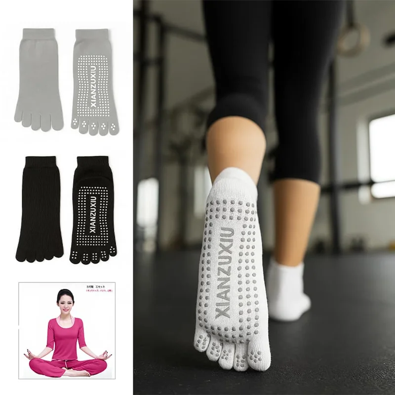 جوراب یوگا و پیلاتس و بدنسازی پنبهای ضد لغزش – سه رنگ سفید، مشکی، طوسی