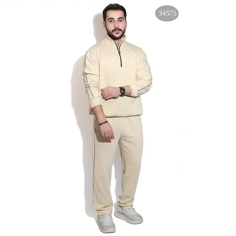 بلوز نیمزیپ و شلوار مردانه قوارهدار نخ پنبه رنگ کرم